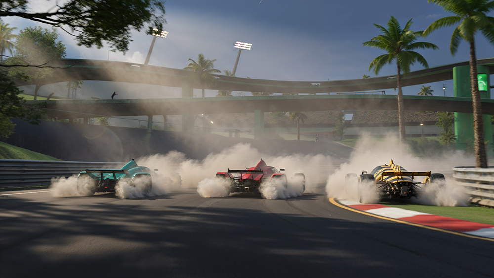A pack of supercars led by an orange Lamborghini drives past a drifting Ford Mustang and off-roaders heading in the opposite direction, all in Mexico's desert surrounded by cacti and beach trees.